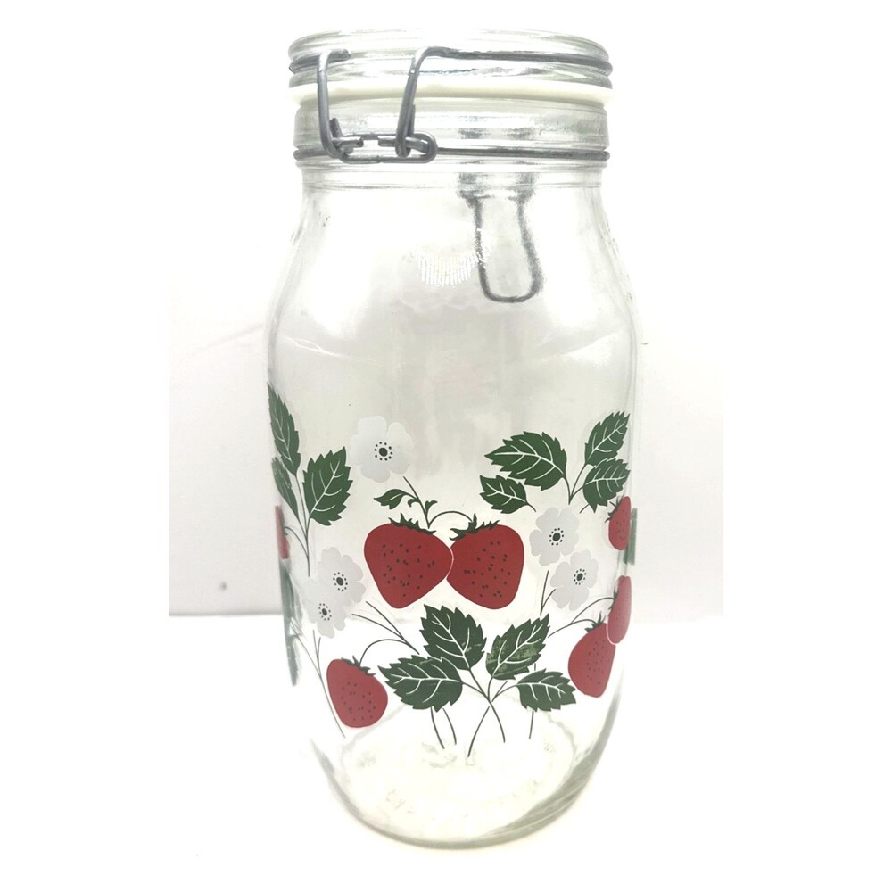 2 Carlton Glass Jar Canister 10” & 9” Bail Lid Strawberries 2 L 1.5 L USA - Picture 2 of 16